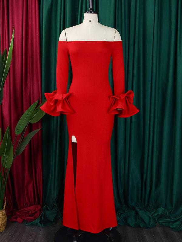 Bodycon Flared Sleeves Falbala Solid Color Split-side Off-the-shoulder Maxi Dresses