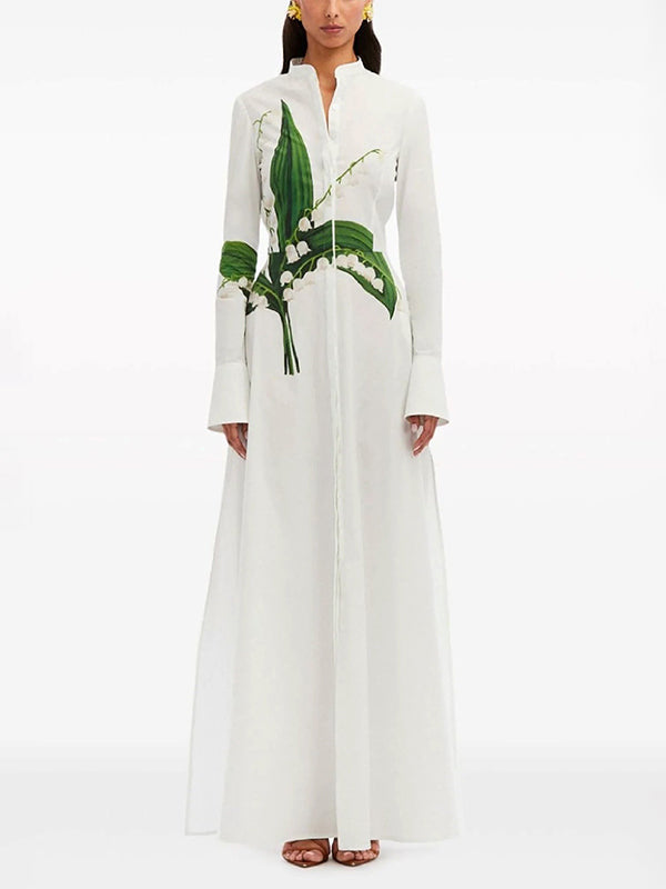 A-Line Long Sleeves Buttoned Flower Print Round-Neck Maxi Dresses