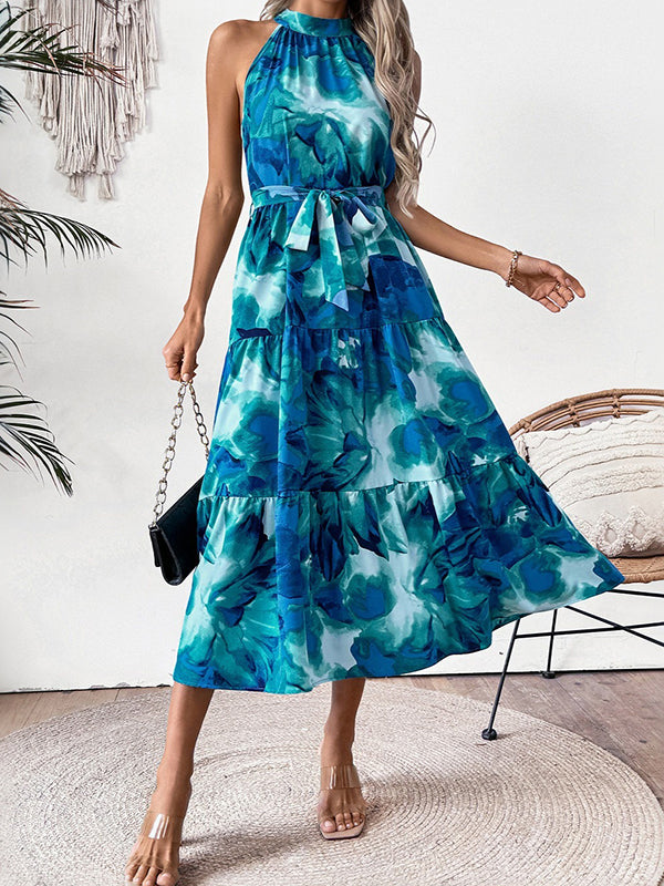 Loose Sleeveless Hollow Pleated Printed Split-Joint Tied Waist Round-Neck Midi Dresses
