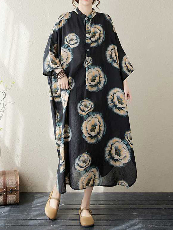 Loose Three-quarter Sleeves Buttoned Flower Print Stand Collar Midi Dresses