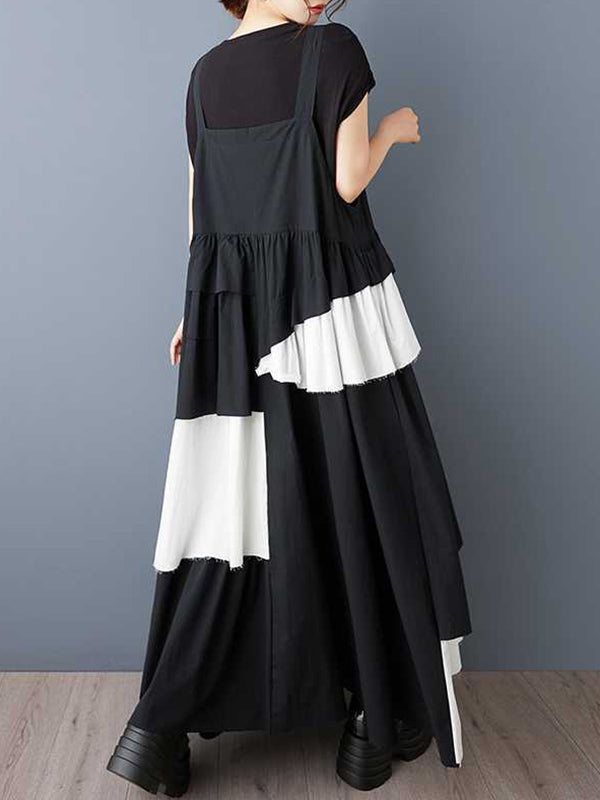A-Line Loose Asymmetric Buttoned Pleated Spaghetti-Neck Maxi Dresses Suspender Dress