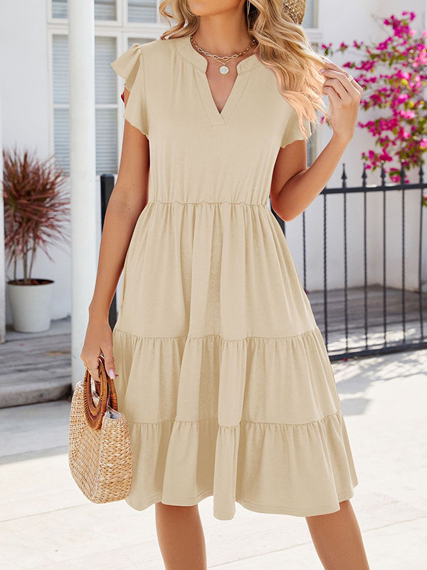 Loose Ruffle Sleeves Pleated Pockets Solid Color Split-Joint V-Neck Midi Dresses
