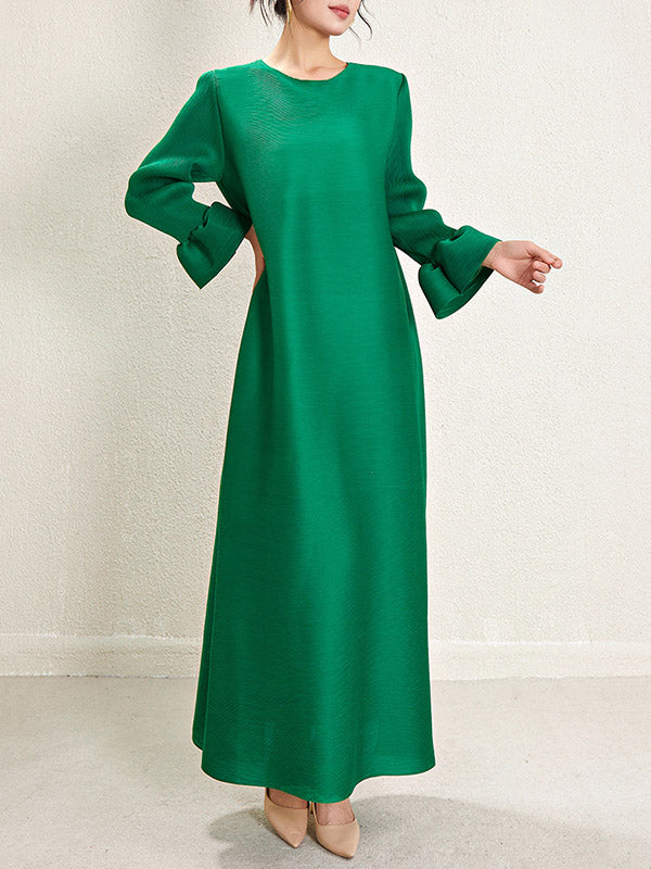 A-Line Loose Pleated Solid Color Round-Neck Maxi Dresses