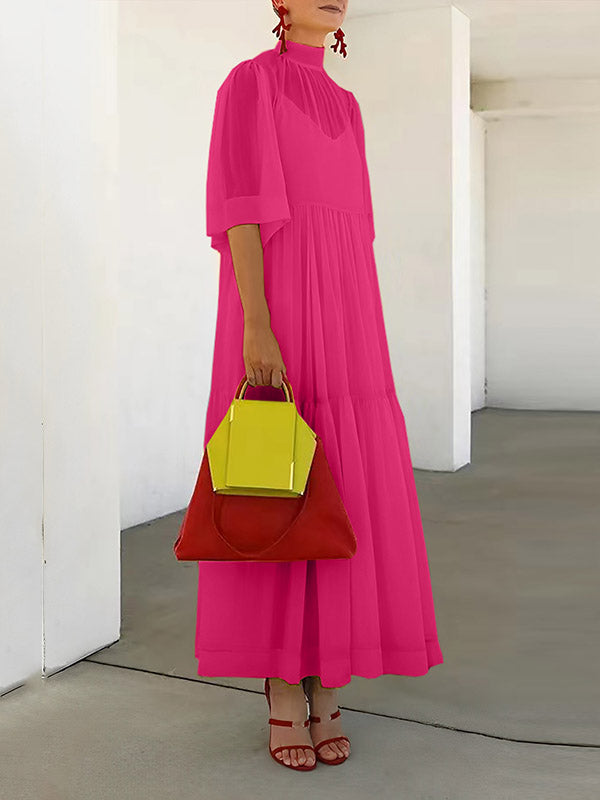 Loose Plus Size Mesh Pleated Solid Color Split-Joint Mock Neck Maxi Dresses Two Pieces Set