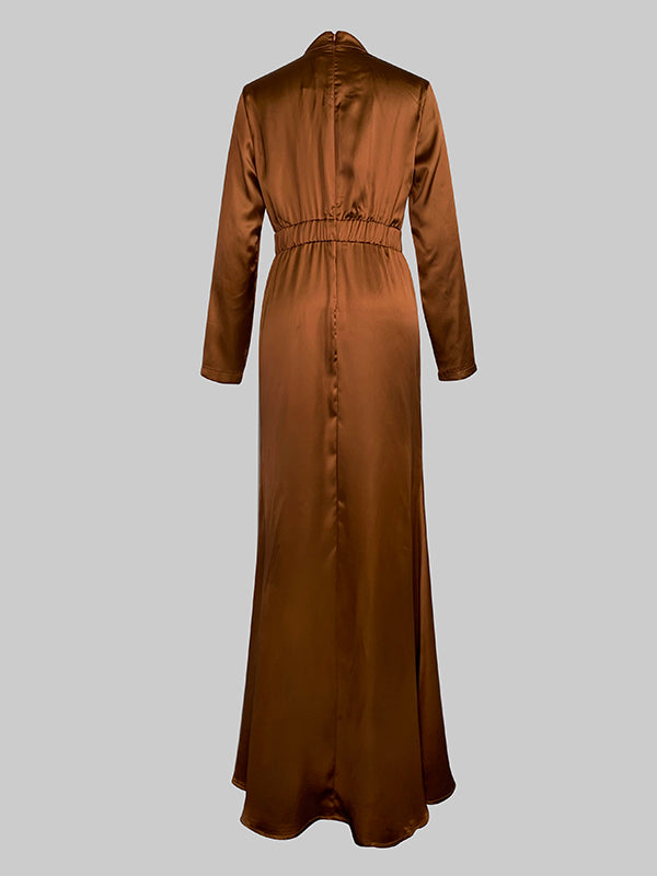 Long Sleeves Loose Pleated Shiny Solid Color Split-Joint Tied Waist High Neck Evening Dresses Maxi Dresses