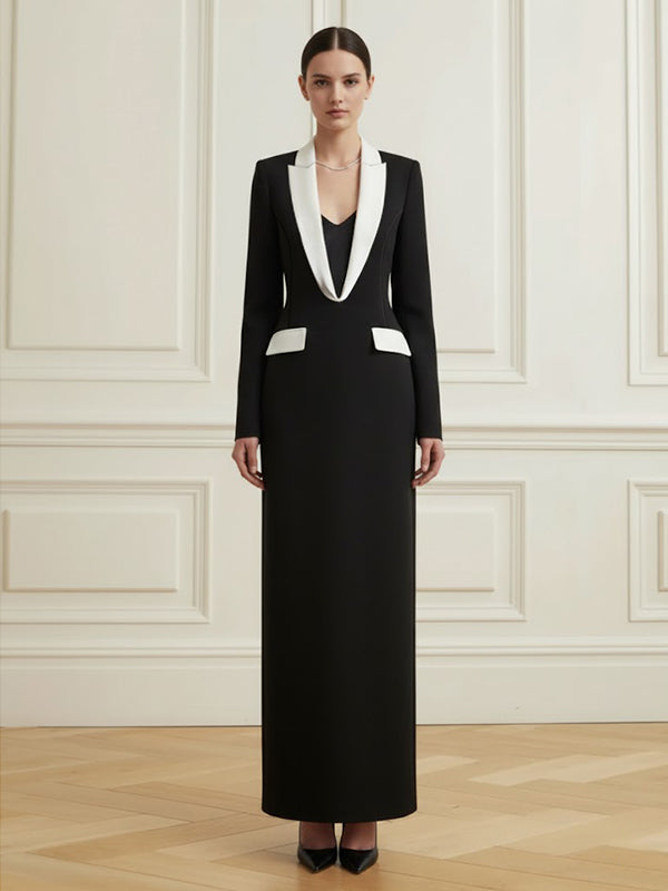 Long Sleeves Contrast Color Deep V-Neck Maxi Dresses