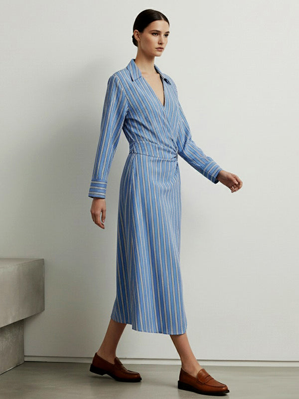 Long Sleeves Buckle Striped Deep V-Neck Midi Dresses Shirt Dress