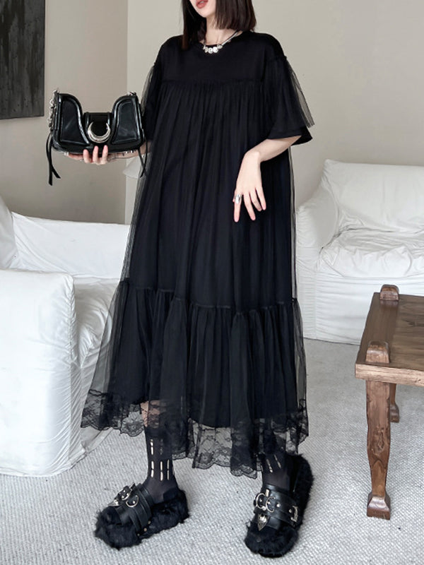 Fake Two-Piece Loose Gauze Pleated Solid Color Split-Joint Tiered Round-Neck Midi Dresses