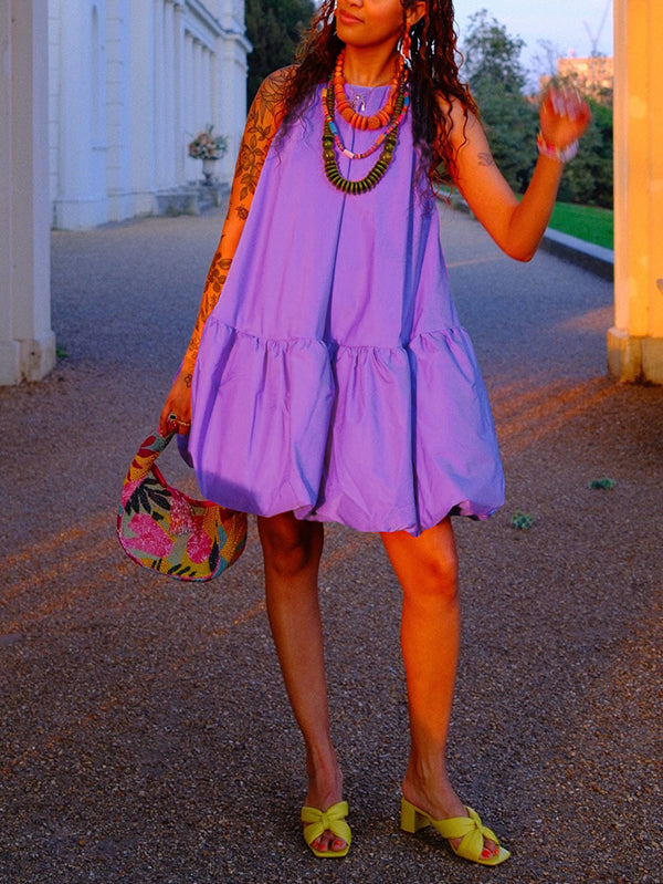 High Waisted Loose Pleated Solid Color Round-Neck Mini Dresses