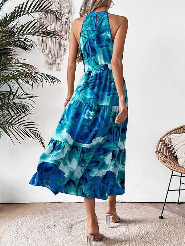 Loose Sleeveless Hollow Pleated Printed Split-Joint Tied Waist Round-Neck Midi Dresses
