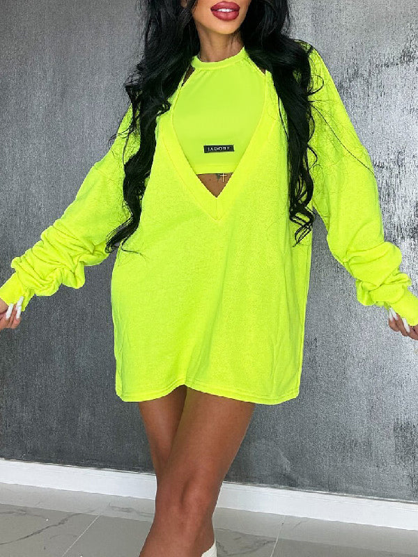 Loose Solid Color Round-Neck Mini Dresses & Vest Top Two Pieces Set