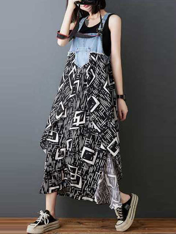 Loose Plus Size Flower Print Pockets Split-Joint Spaghetti-Neck Maxi Dresses Suspender Dress