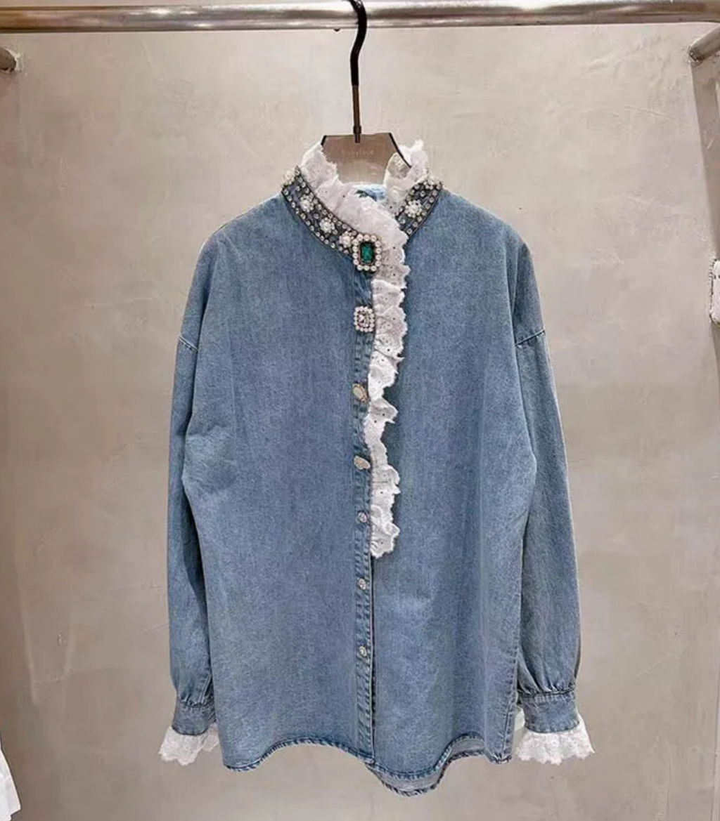 Luxe Ruffled Gemstone Denim Blouse