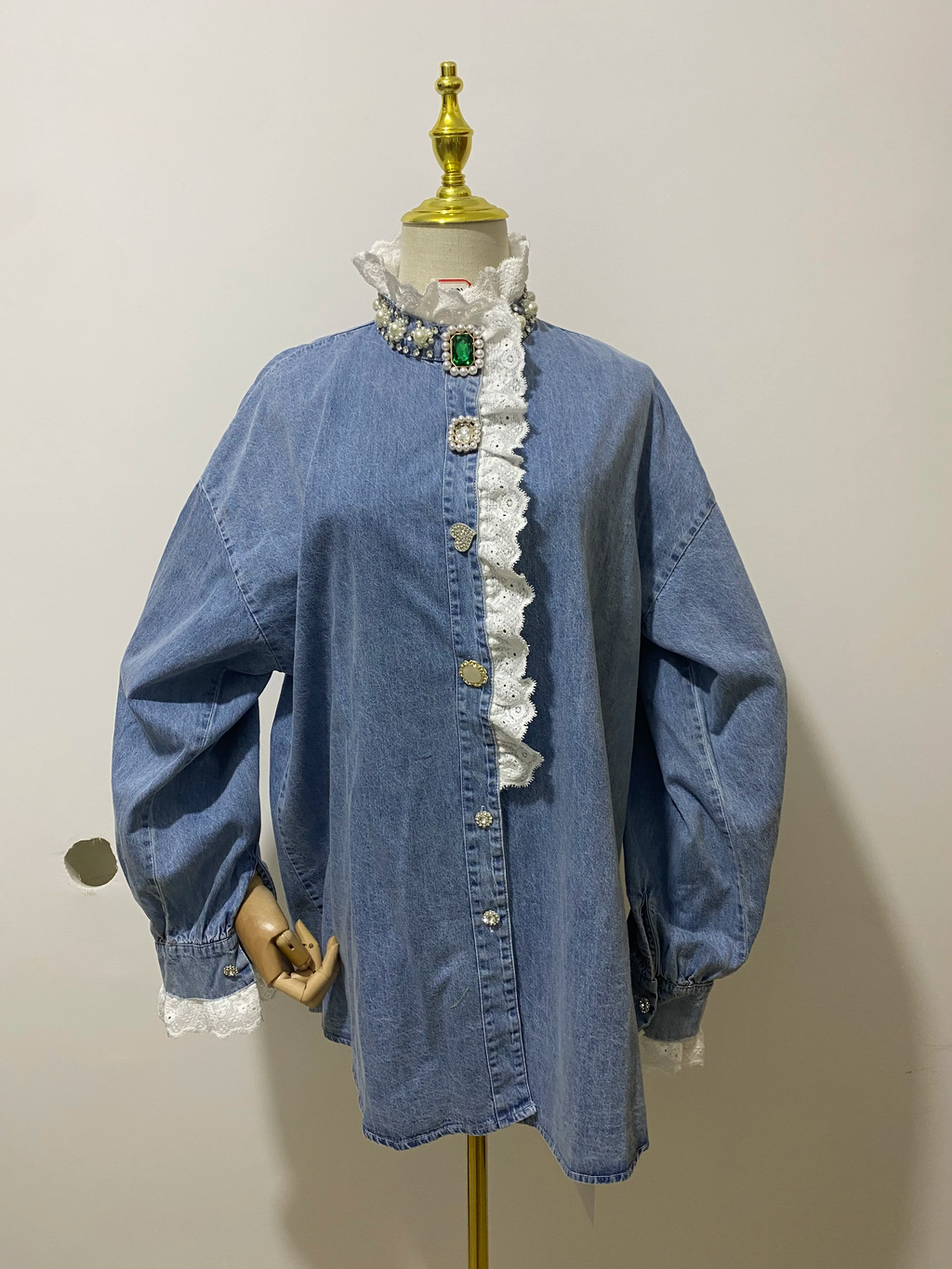 Luxe Ruffled Gemstone Denim Blouse
