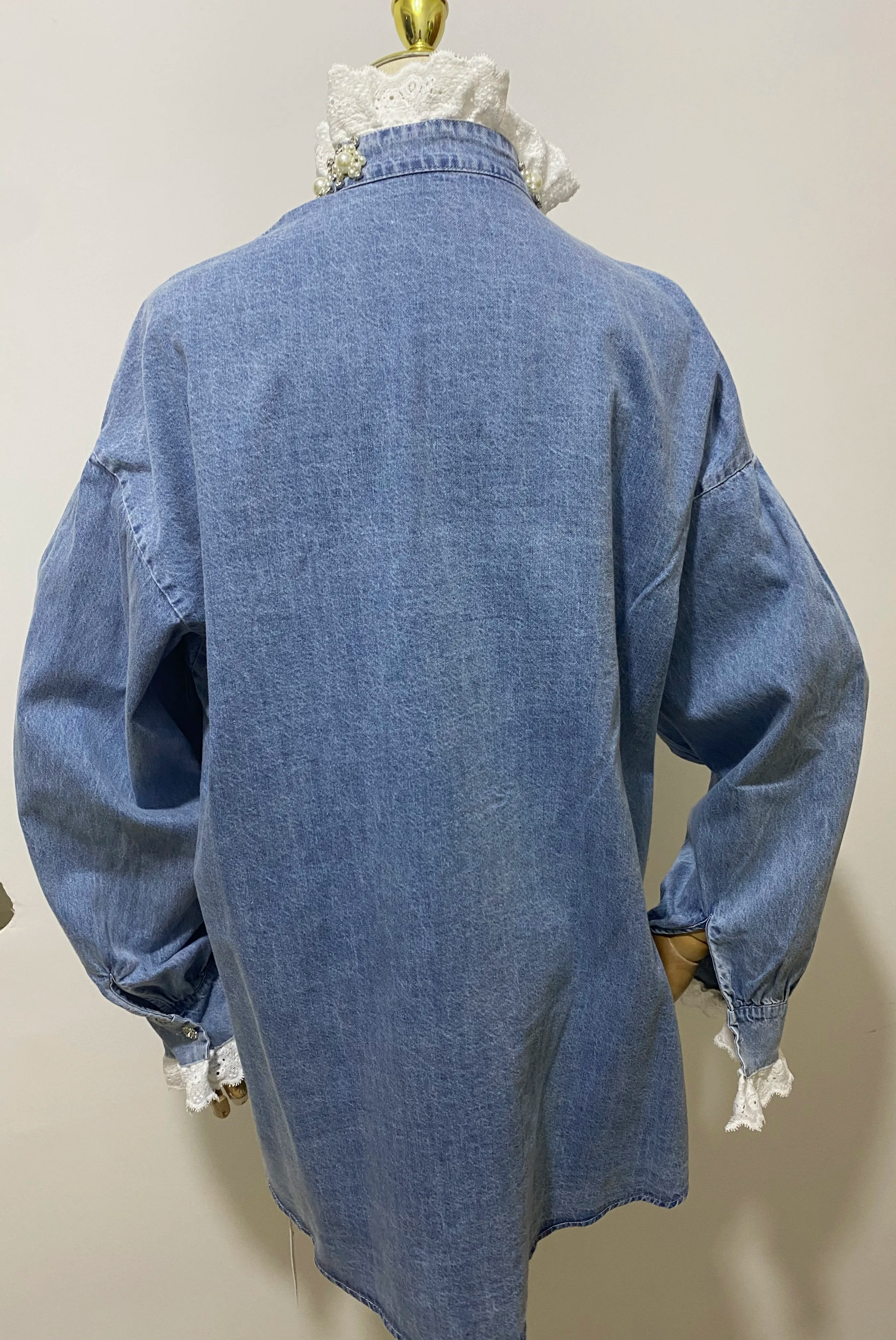 Luxe Ruffled Gemstone Denim Blouse