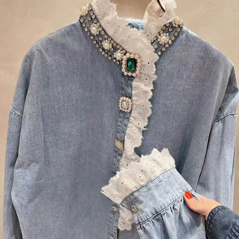 Luxe Ruffled Gemstone Denim Blouse