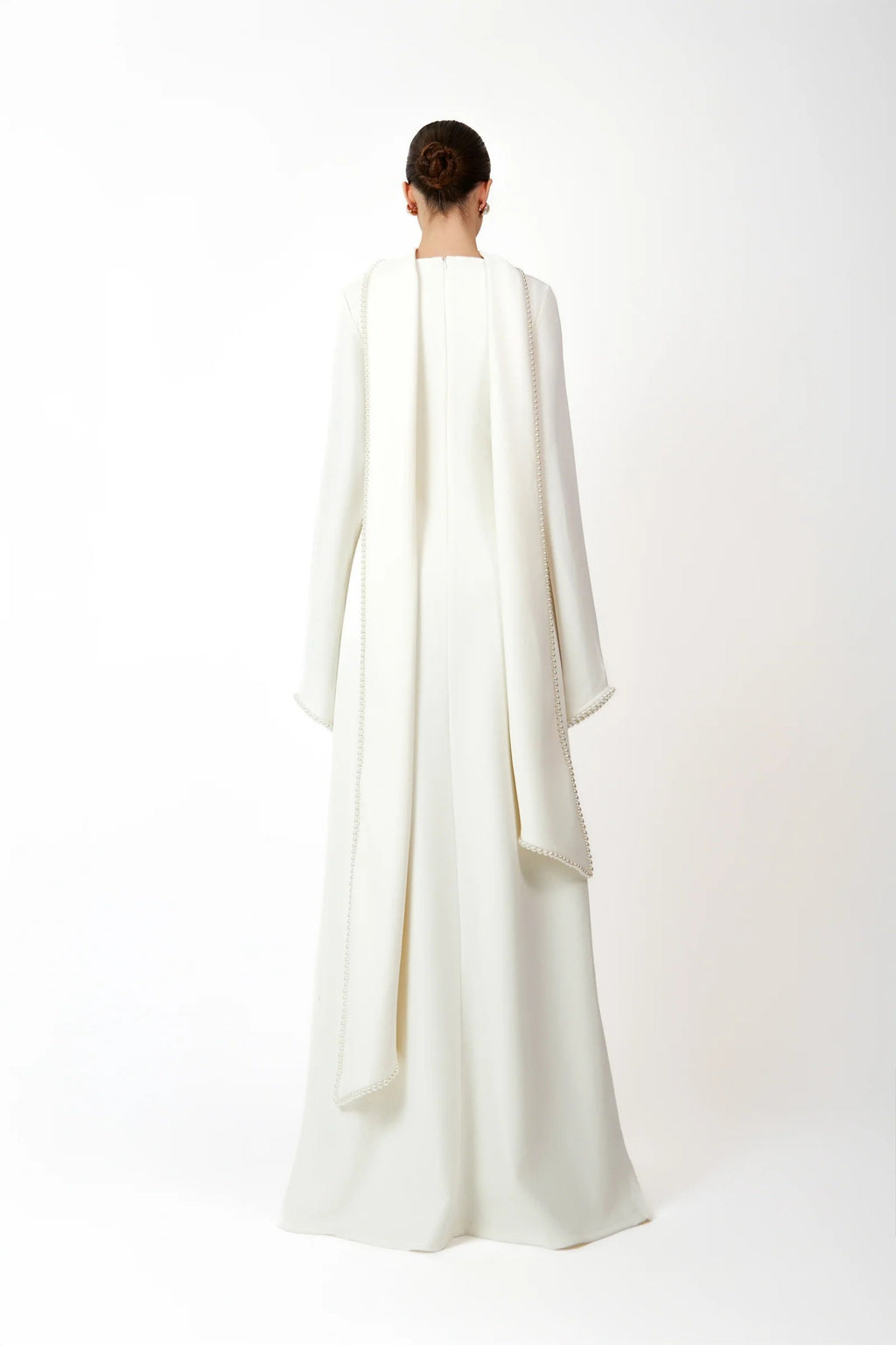 Piroska White Pearl Trim Shawl Detail Maxi Dress