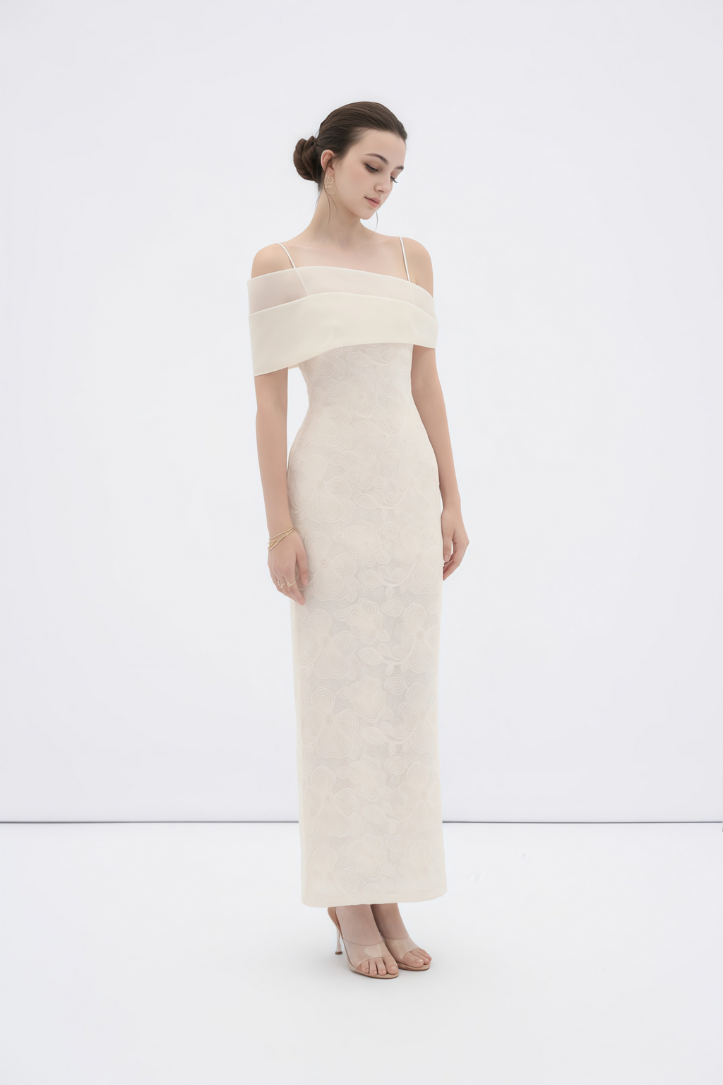 Ortensia Neutral Floral Lace Pencil Maxi Dress
