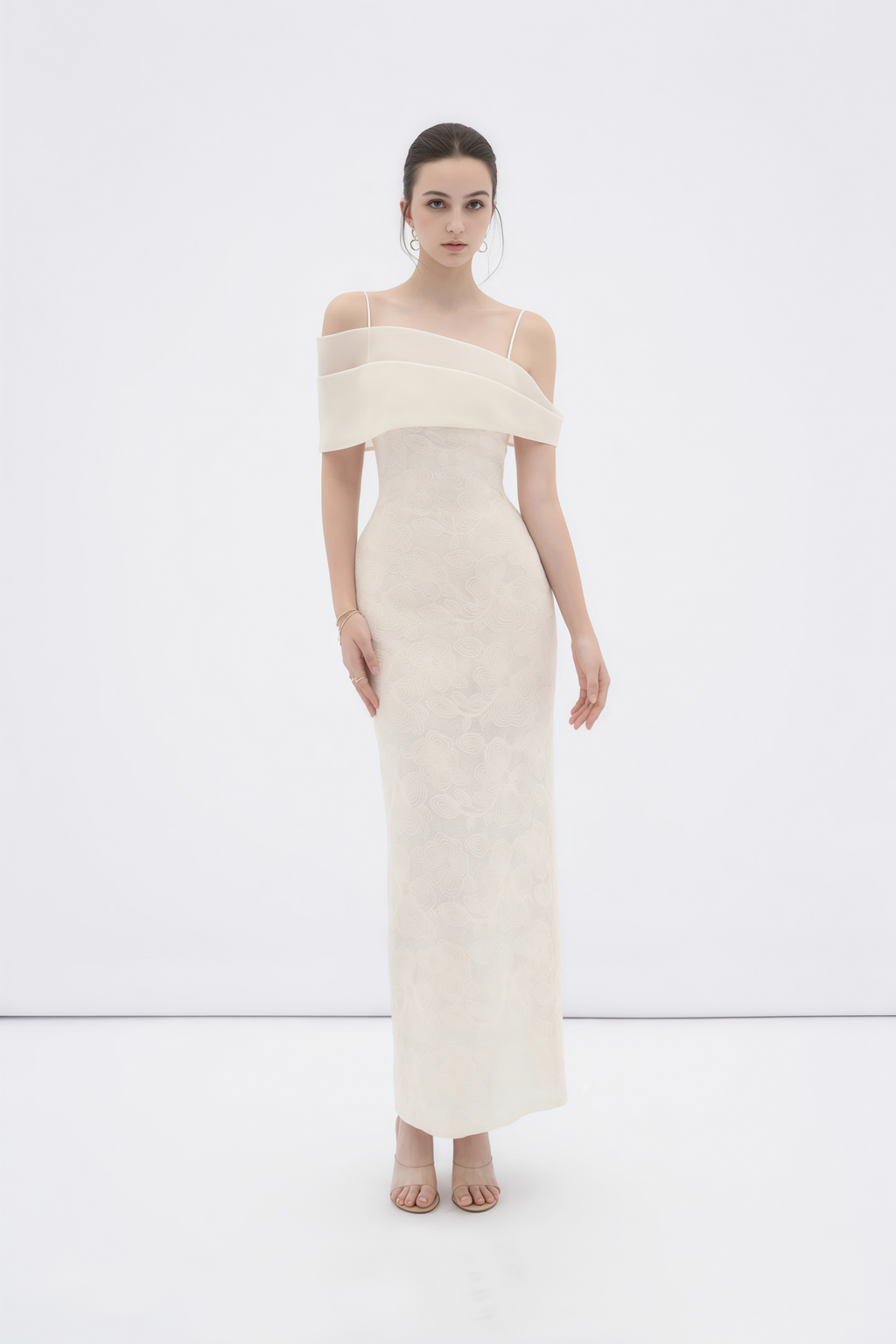 Ortensia Neutral Floral Lace Pencil Maxi Dress