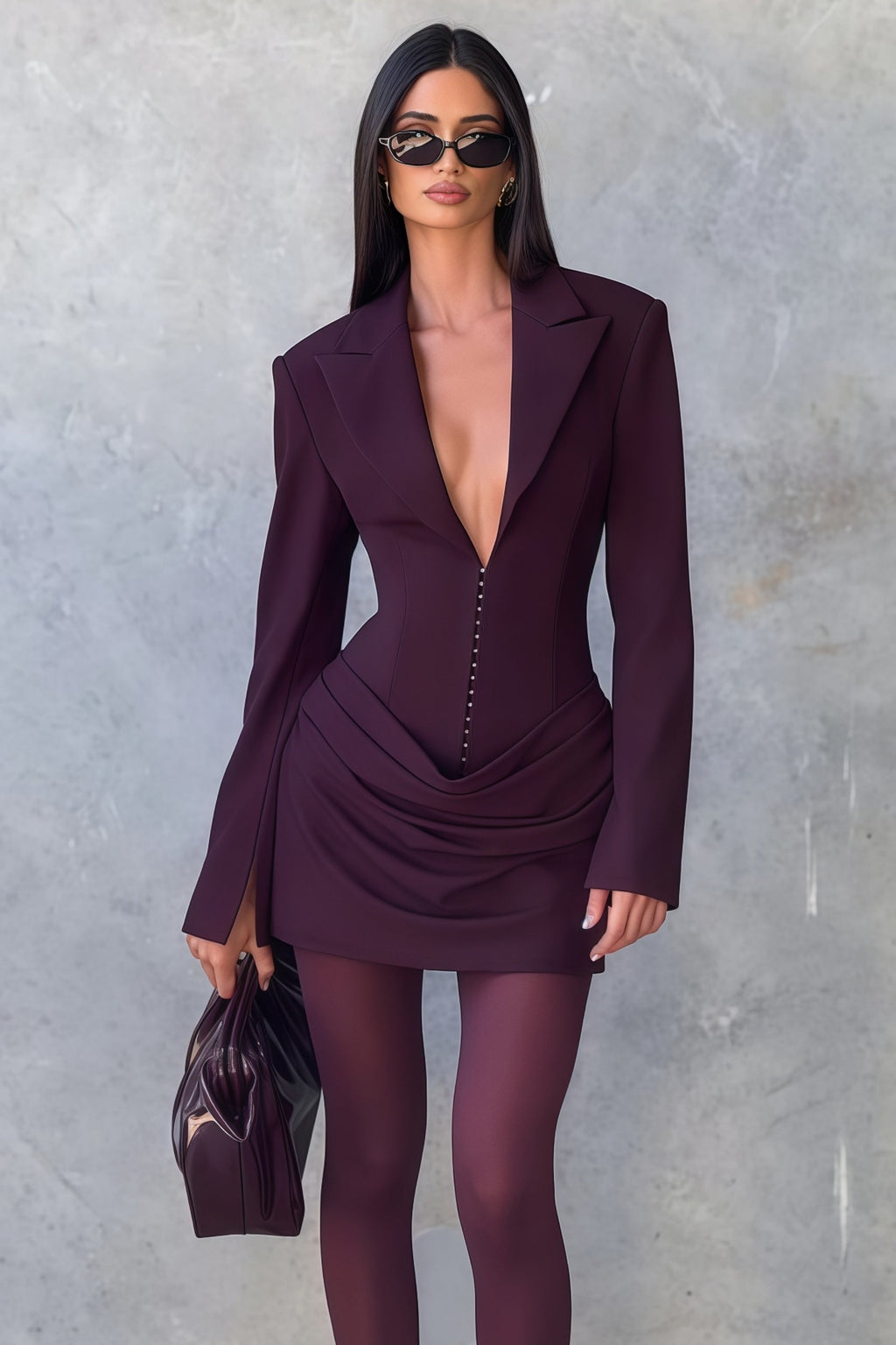 Rosette Wine Red Ruched Blazer Mini Dress