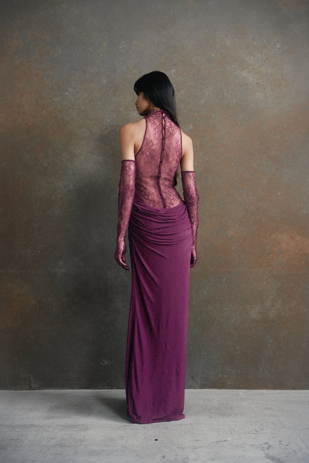 Borbála Magenta Lace Bodice Ruched Maxi Dress