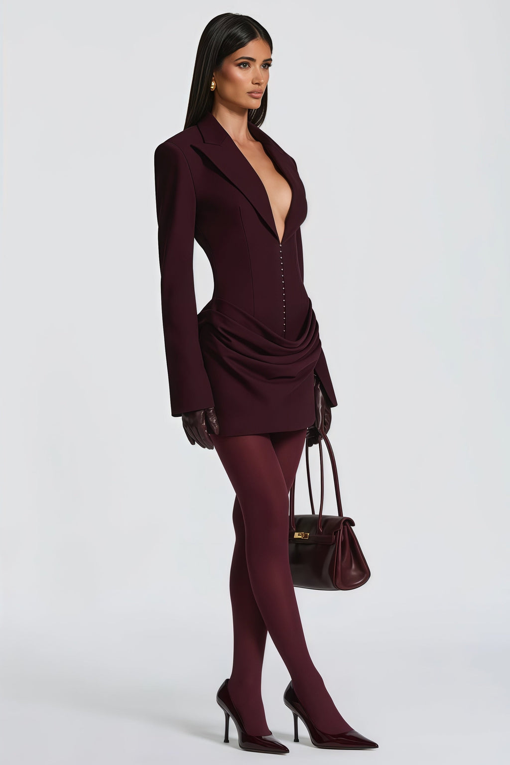 Rosette Wine Red Ruched Blazer Mini Dress