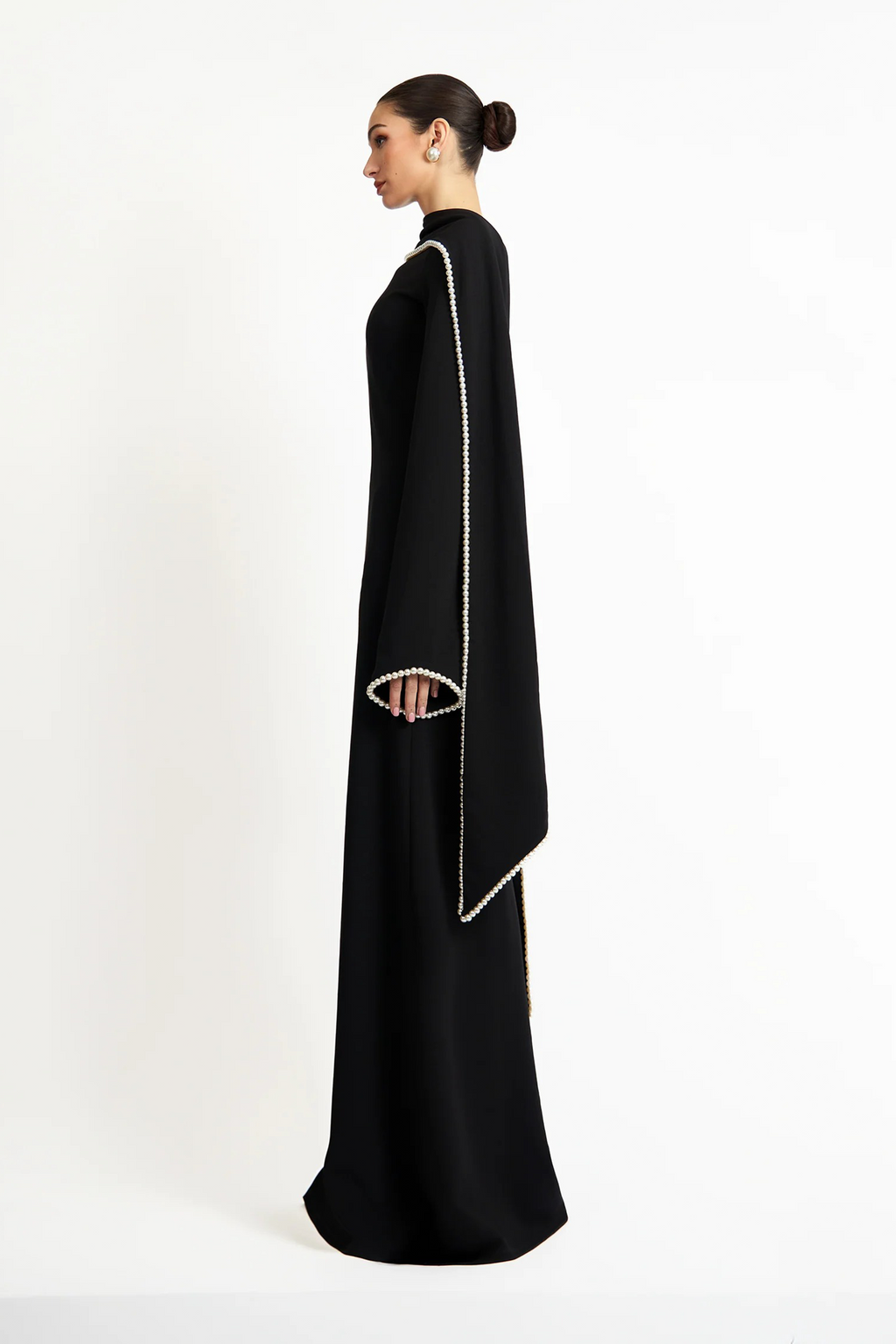 Piroska Black Pearl Trim Shawl Detail Maxi Dress