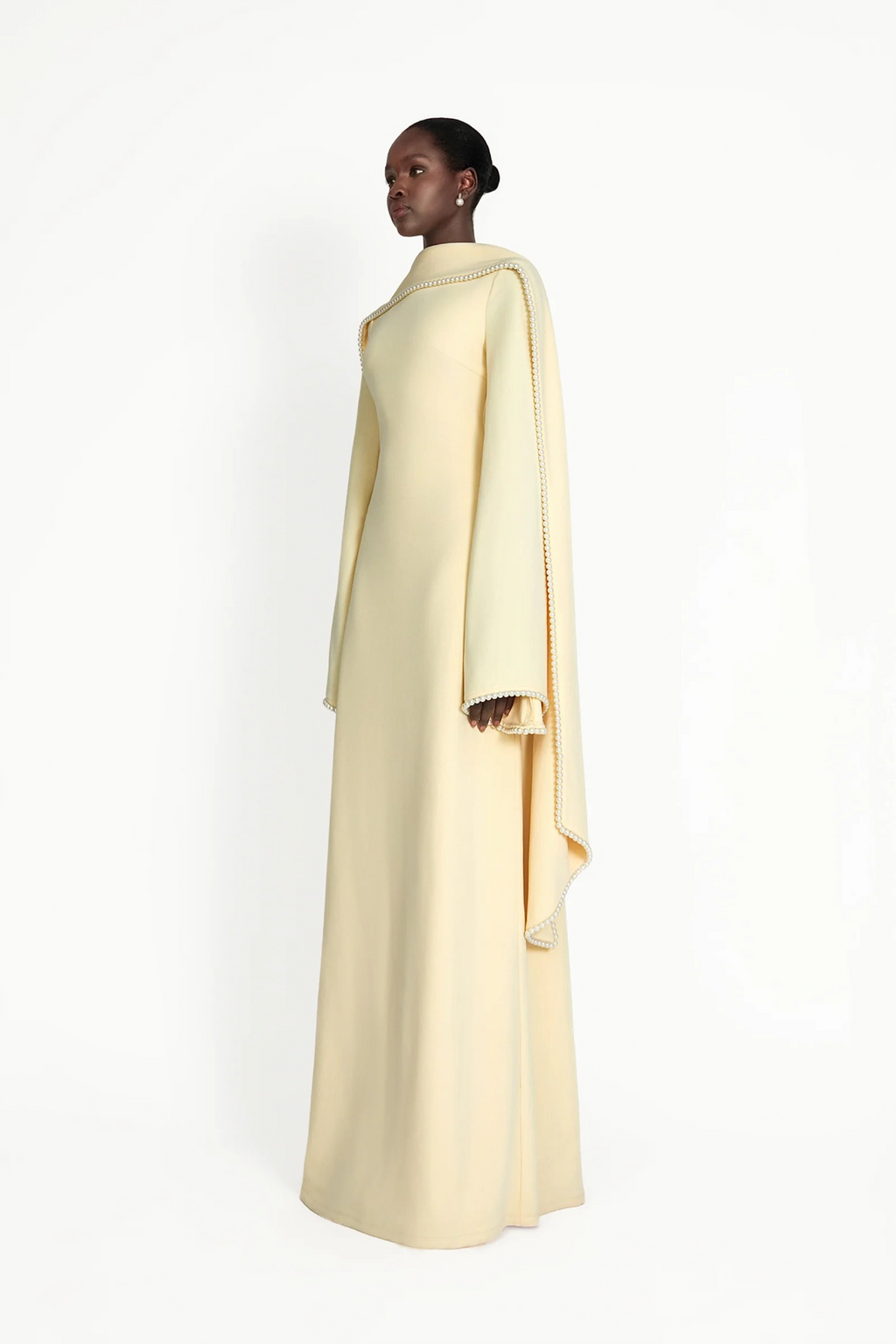 Piroska Yellow Pearl Trim Shawl Detail Maxi Dress