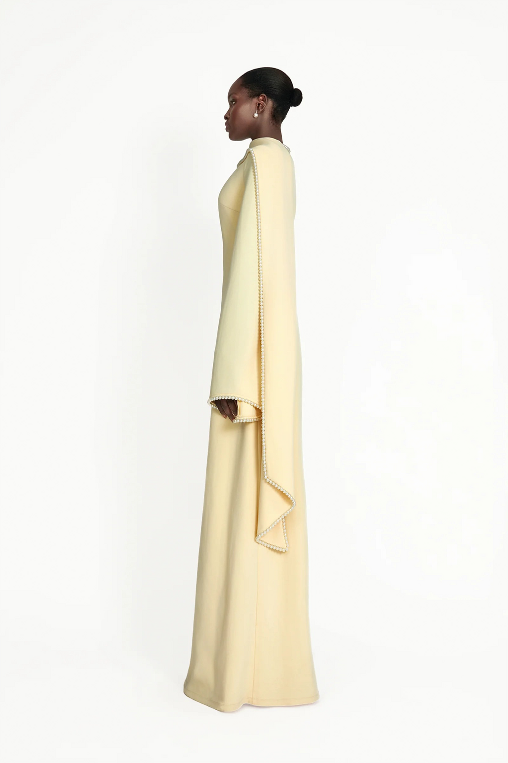 Piroska Yellow Pearl Trim Shawl Detail Maxi Dress