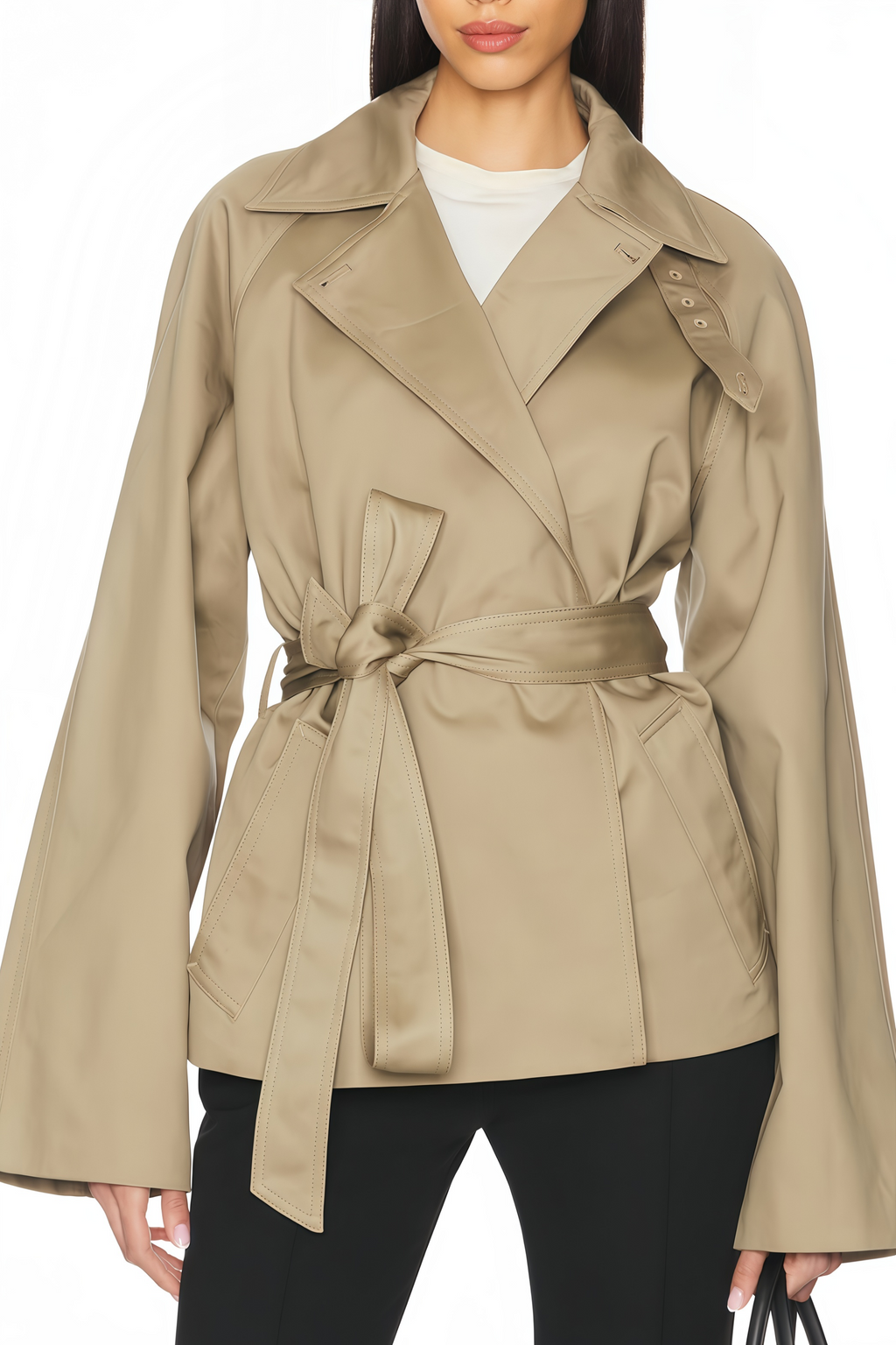 Orsolya Khaki Asymmetrical Shawl Design Trench Coat