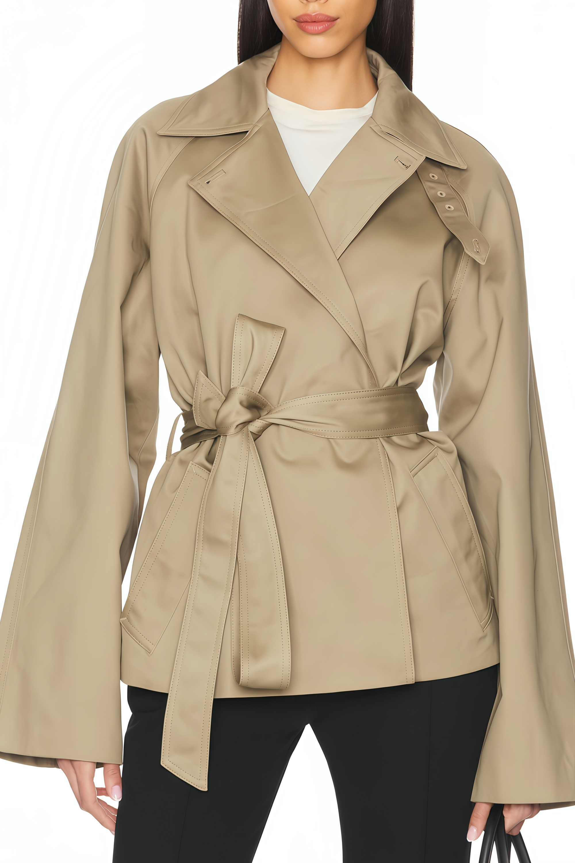 Orsolya Khaki Asymmetrical Shawl Design Trench Coat