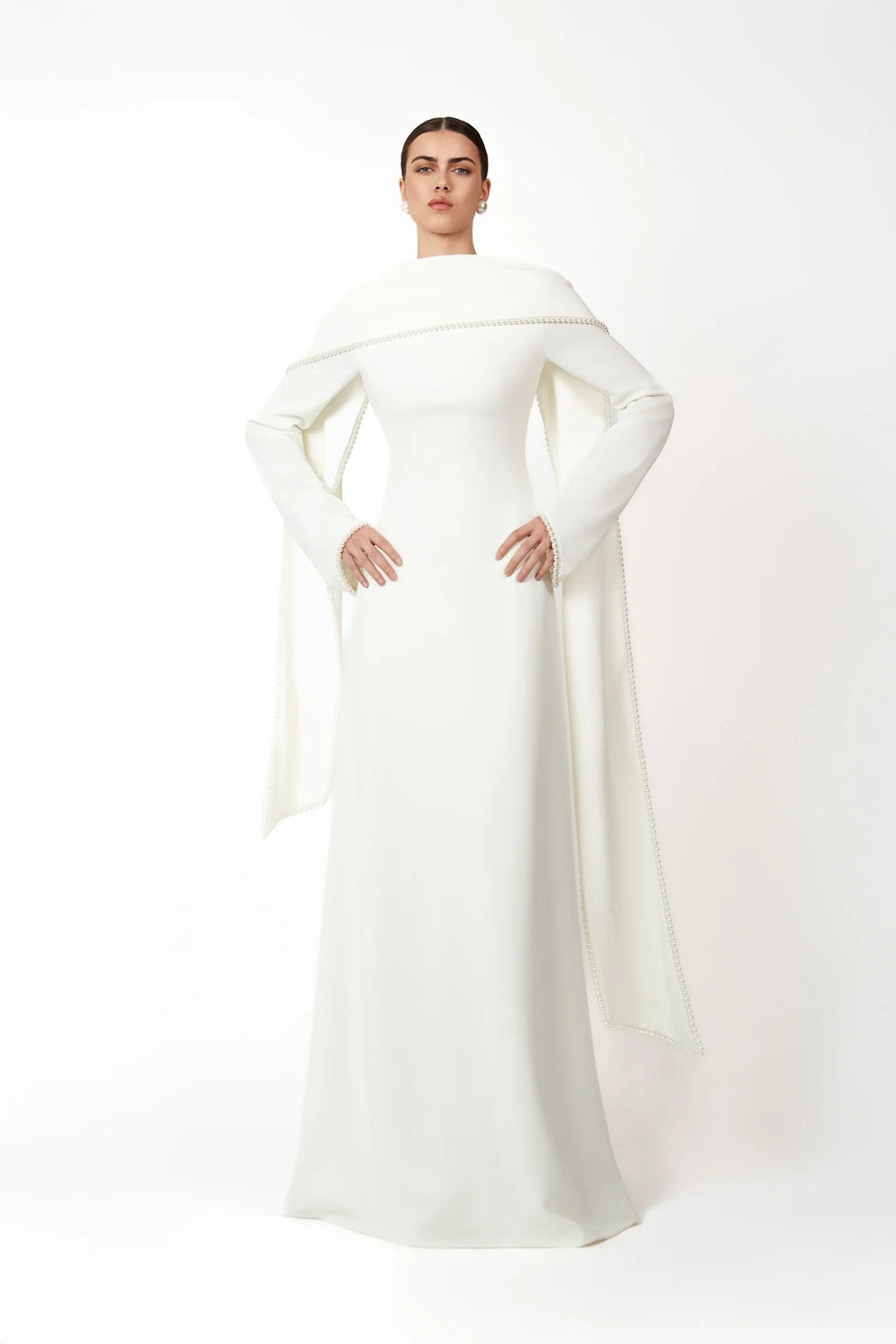 Piroska White Pearl Trim Shawl Detail Maxi Dress