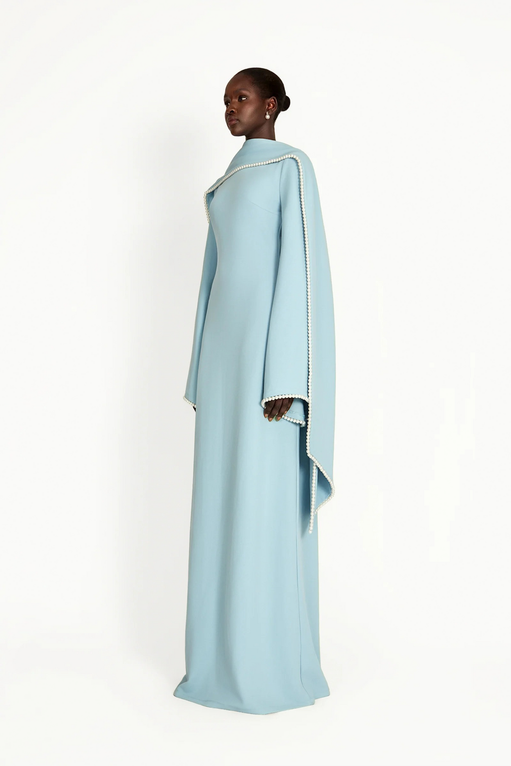 Piroska Blue Pearl Trim Shawl Detail Maxi Dress
