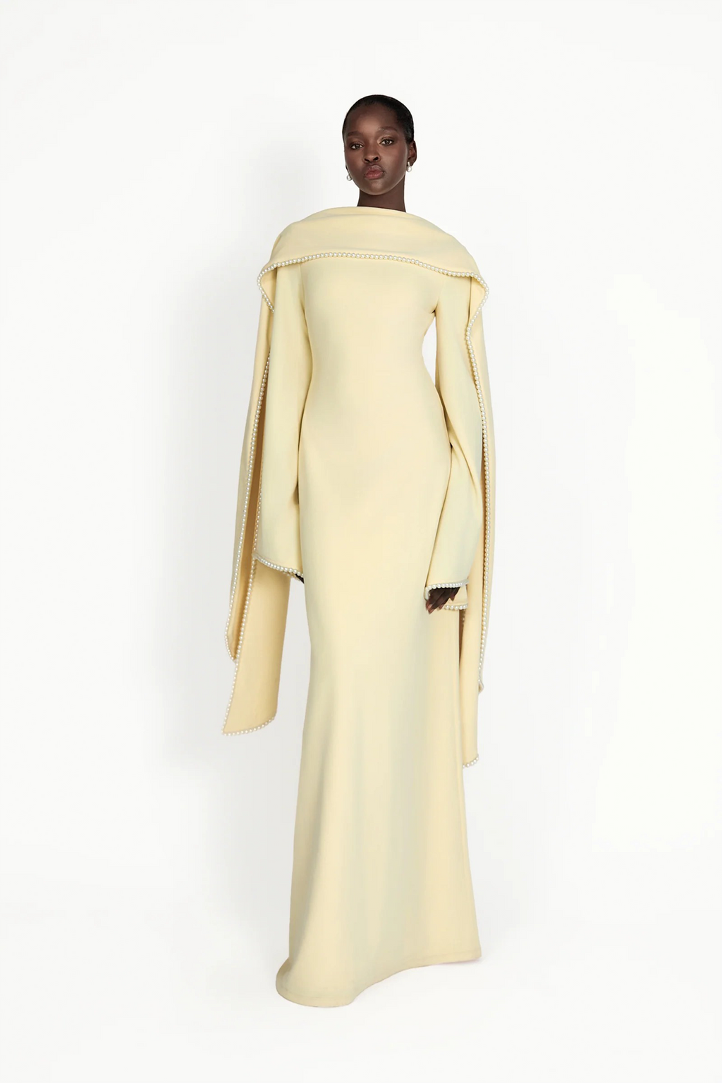Piroska Yellow Pearl Trim Shawl Detail Maxi Dress