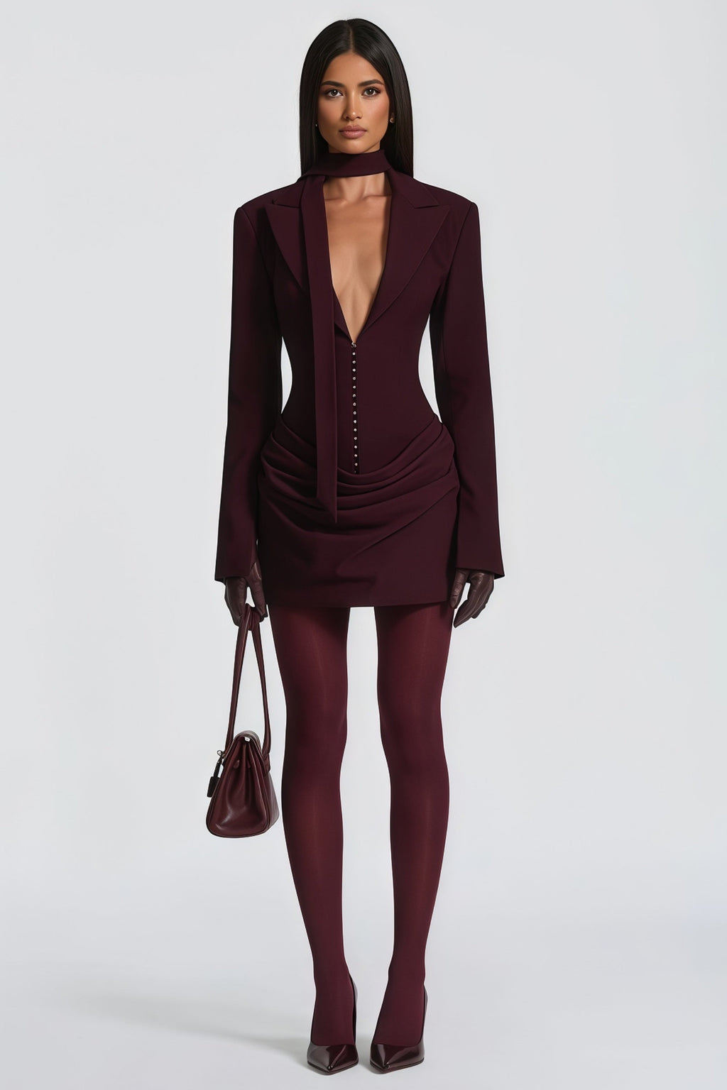Rosette Wine Red Ruched Blazer Mini Dress