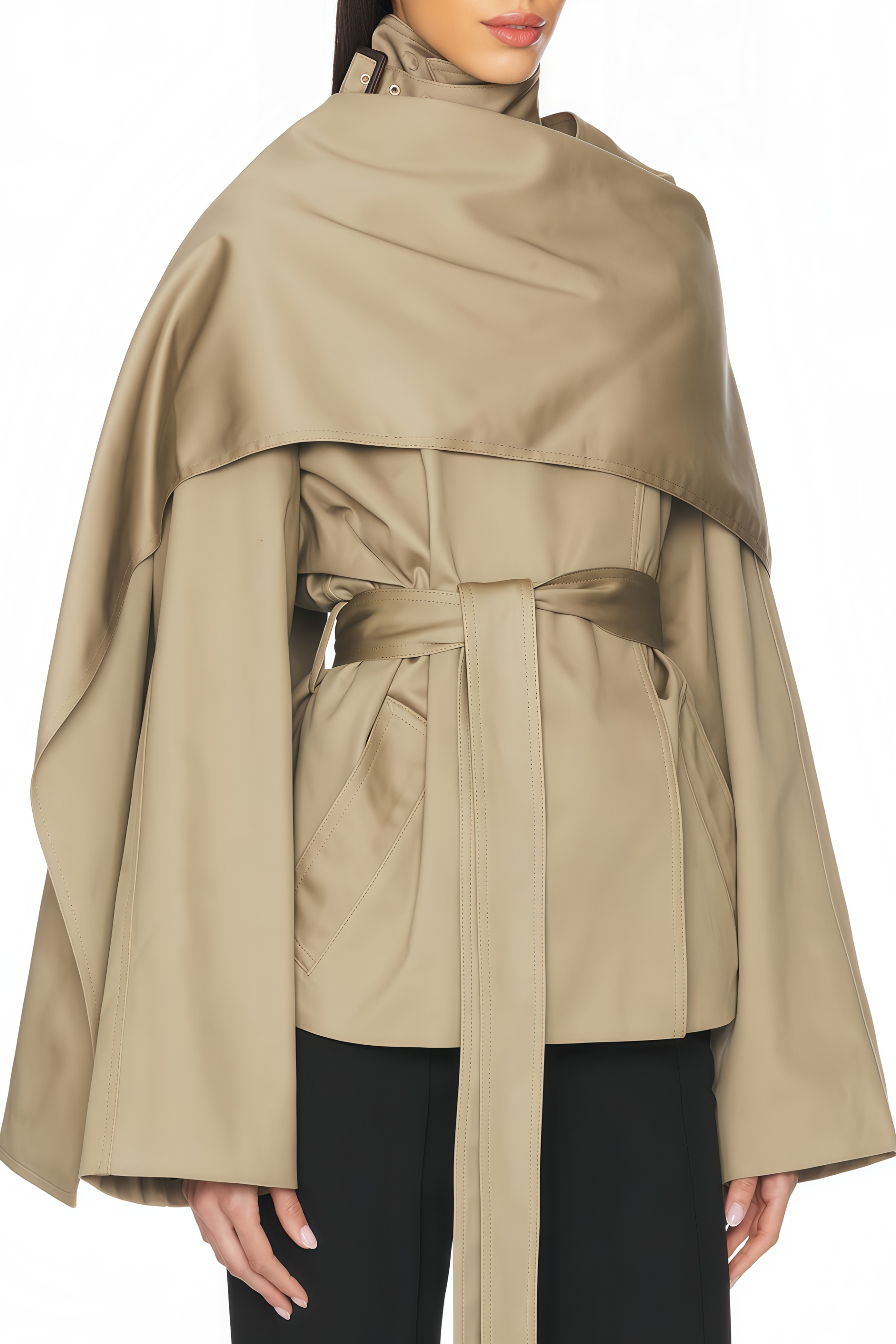 Orsolya Khaki Asymmetrical Shawl Design Trench Coat
