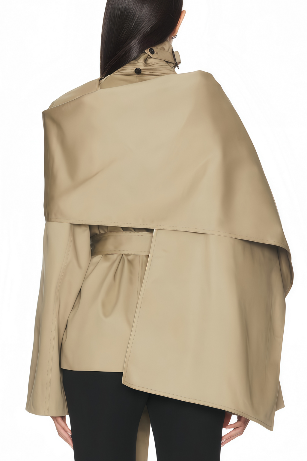 Orsolya Khaki Asymmetrical Shawl Design Trench Coat