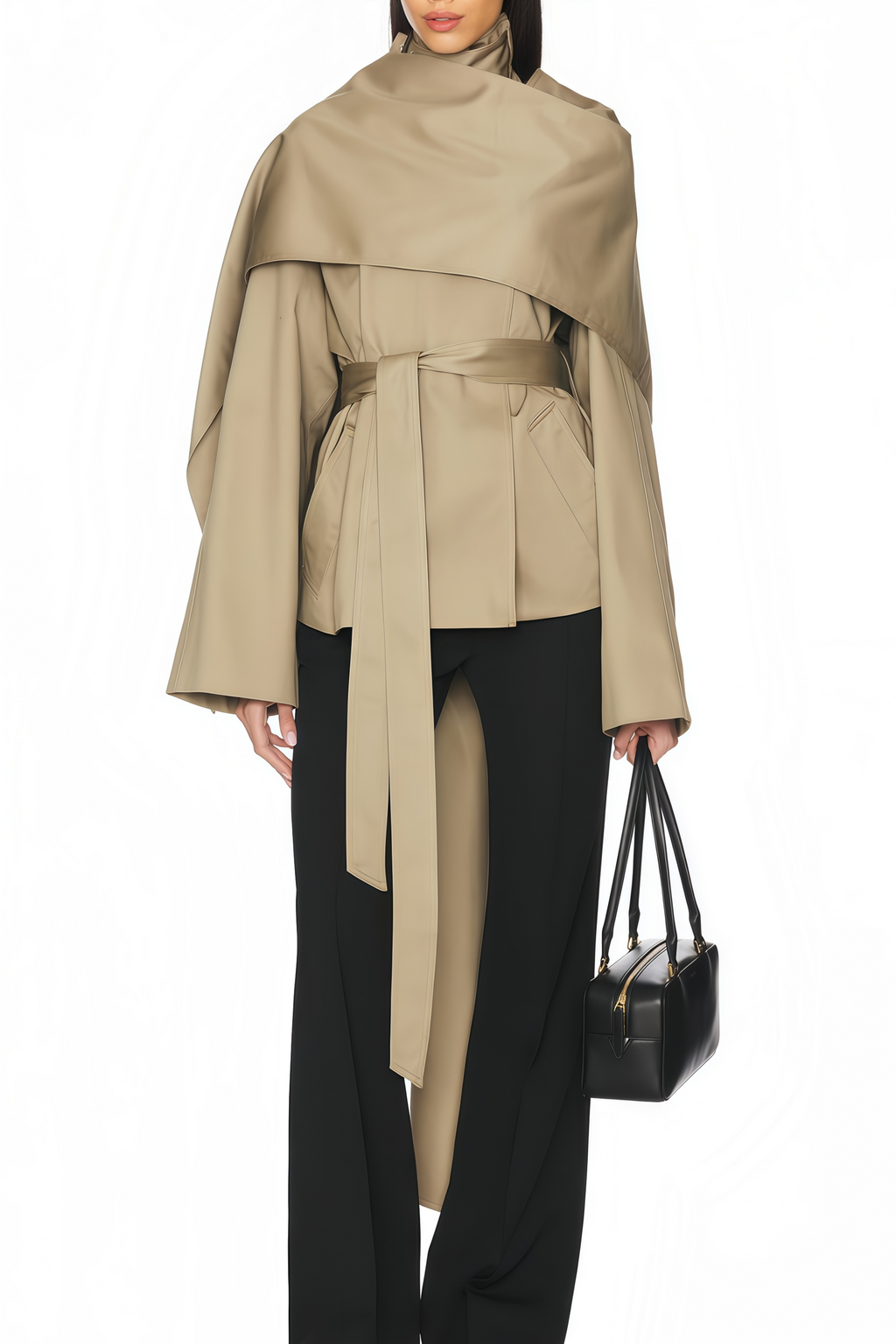 Orsolya Khaki Asymmetrical Shawl Design Trench Coat