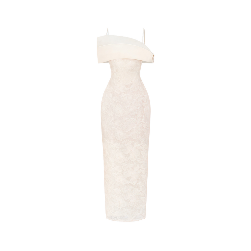 Ortensia Neutral Floral Lace Pencil Maxi Dress