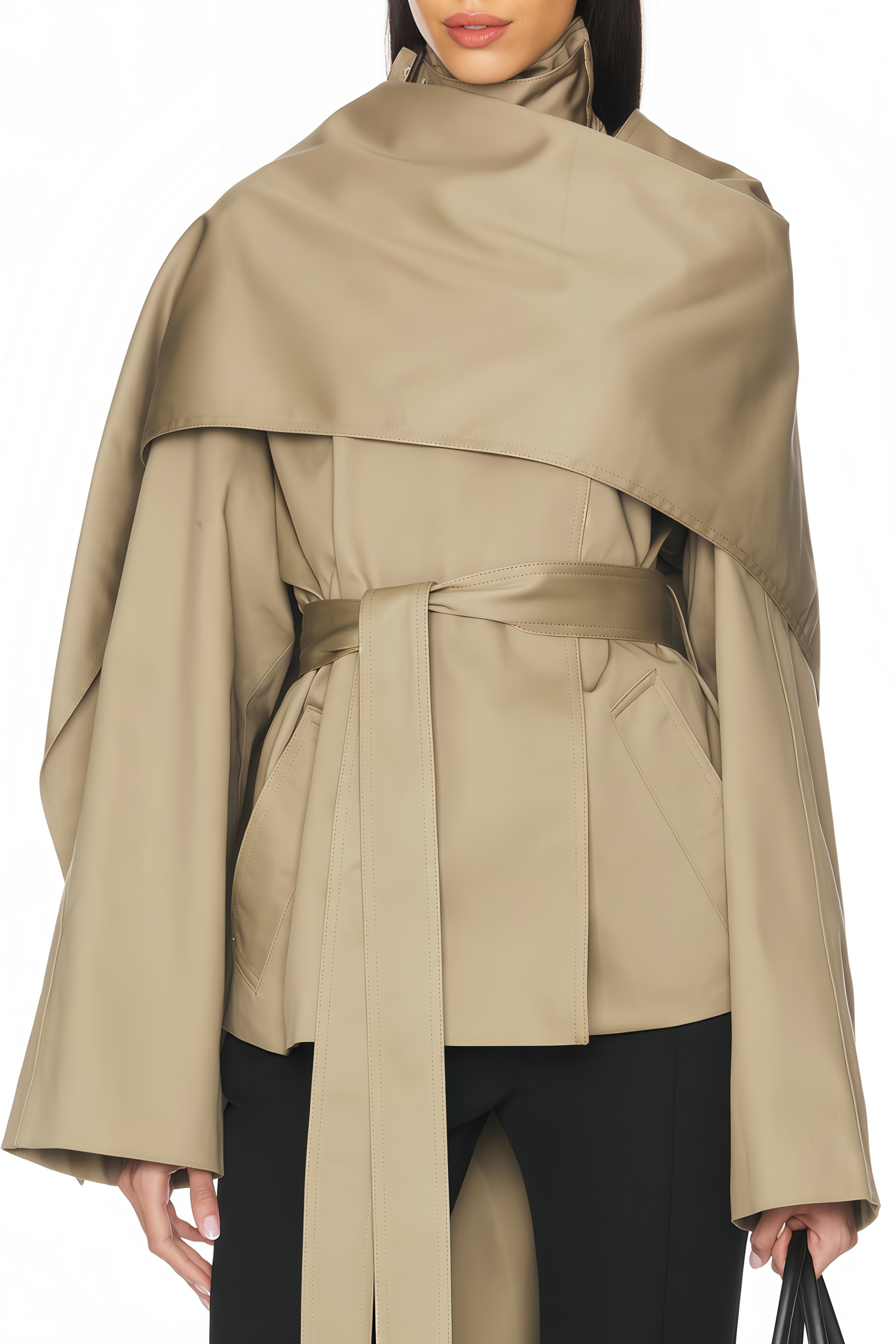 Orsolya Khaki Asymmetrical Shawl Design Trench Coat