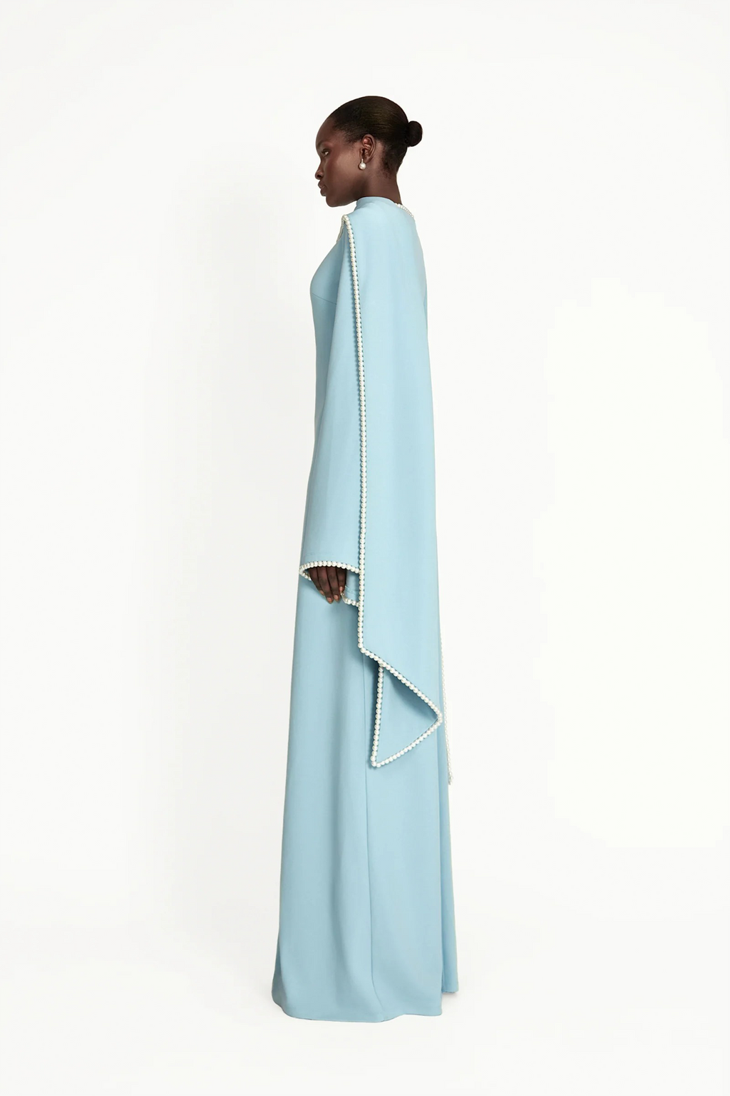 Piroska Blue Pearl Trim Shawl Detail Maxi Dress