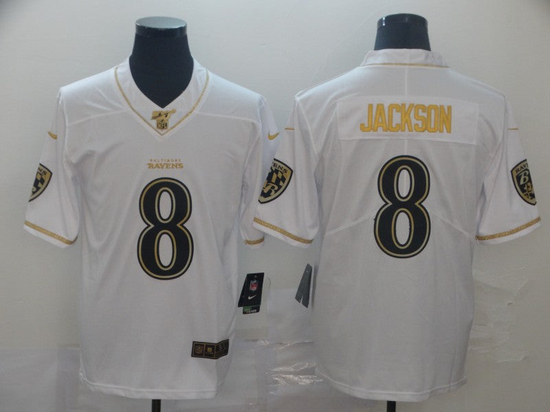 Men’s Baltimore Ravens #8 Lamar Jackson White Jersey