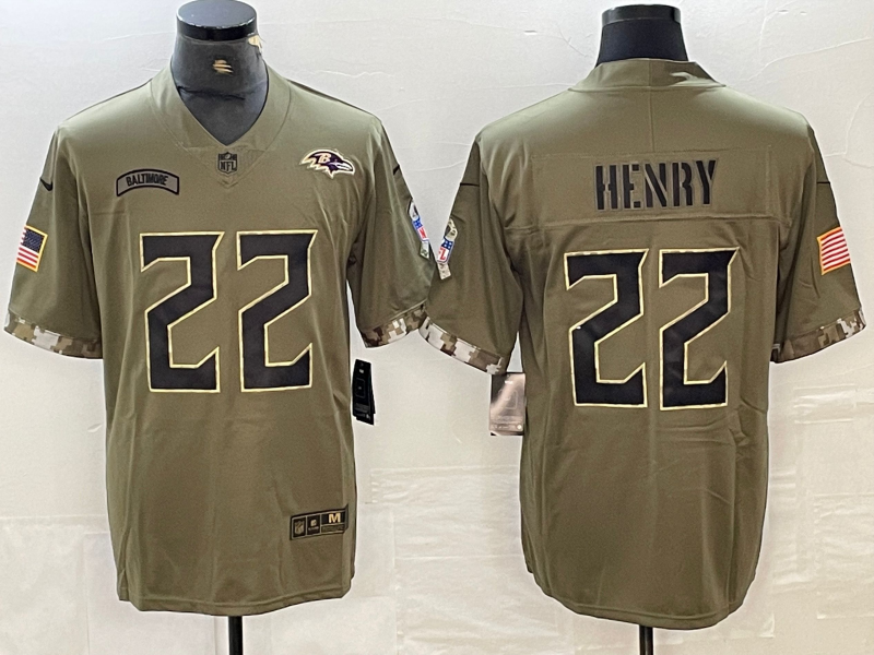 Men’s Baltimore Ravens Derrick Henry #22 Olive 2022 Salute To Service Limited Jersey