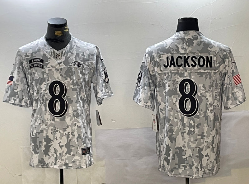 Men’s Baltimore Ravens Lamar Jackson #8 Arctic Camo 2024 Salute to Service Limited Jersey