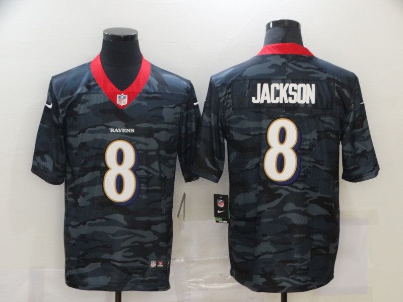 Men’s Baltimore Ravens Lamar Jackson #8 Gray Camouflage Jersey