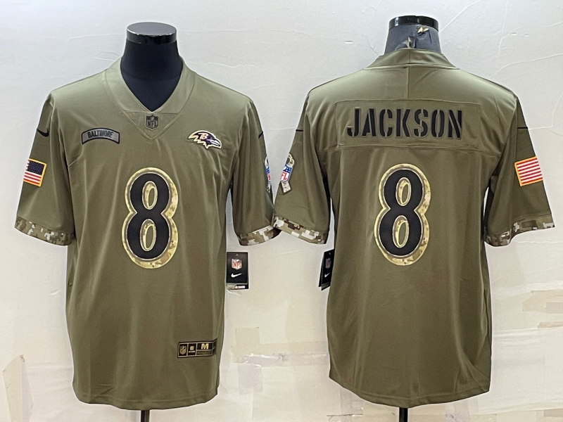Men’s Baltimore Ravens Lamar Jackson #8 Olive 2022 Salute To Service Limited Jersey