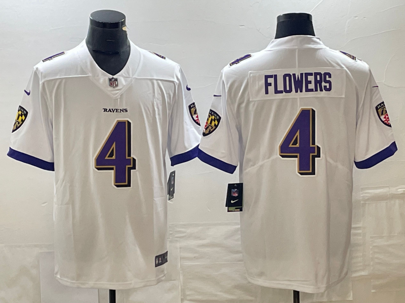 Men’s Baltimore Ravens Zay Flowers #4 White Jersey