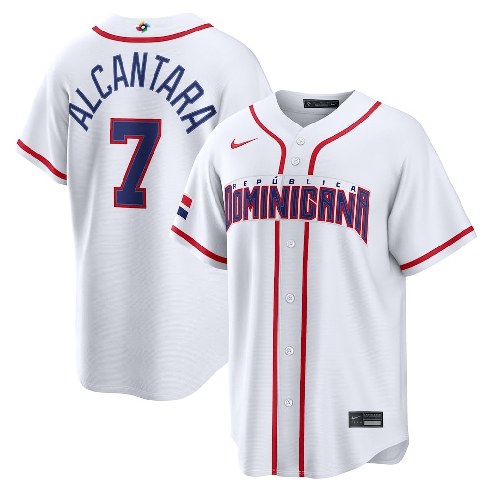 Men’s Dominican Republic Baseball #7 Sandy Alcantara White 2026 World Baseball Classic Home Stadium Jersey