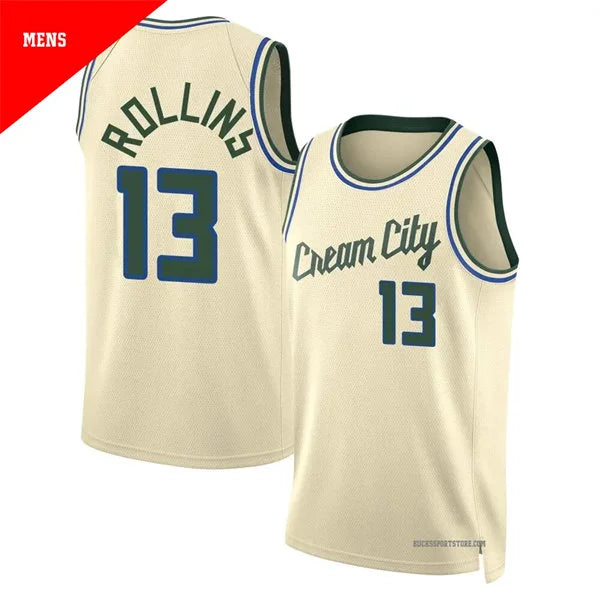 Mens Milwaukee Bucks #13 Ryan Rollins Cream 2025-26 City Edition Jersey