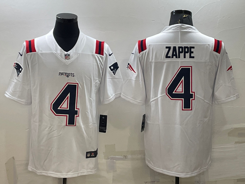 Men’s New England Patriots Bailey Zappe #4 White Jersey